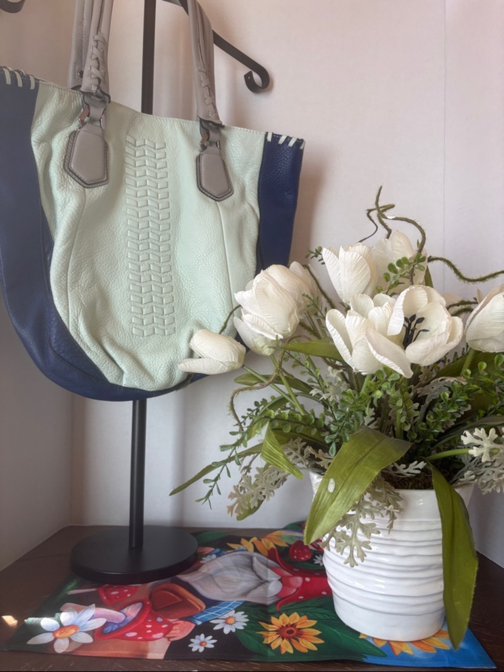 ORYANY NWOT light whitish blue & Navy SATCHEL Bag with Braided Detail